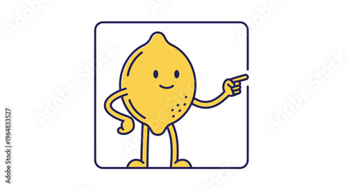 Happy Cartoon Lemon Character Pointing Right, Funny Fruit Mascot, Vector Illustration