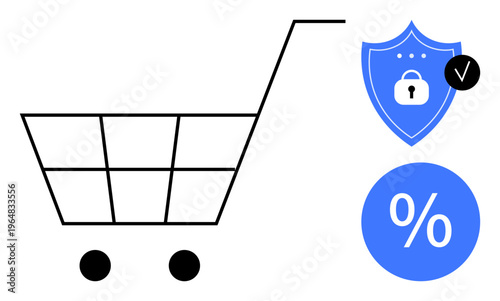 E-commerce concept. E-commerce with cart shopping security by a shield and discounts with percentage symbol. E-commerce for retail, promotions, digital shopping, business, security tools