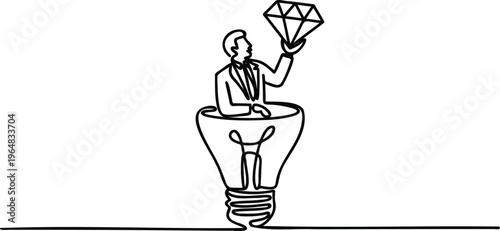 Man in suit sitting inside a light bulb holding a diamond  business idea concept  creative solution