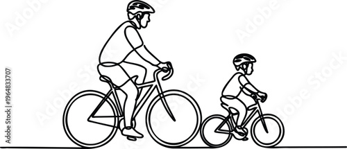 Man and child riding bicycles side by side in a line drawing style  cycling family fun outdoor activity