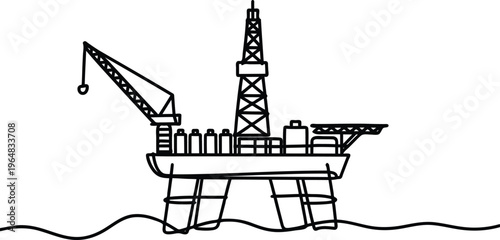 Oil rig platform with crane and drilling tower in the ocean  industrial offshore energy extraction structure