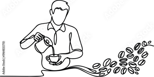 Man pouring coffee from a kettle into a cup with coffee beans spilling out  simple line drawing