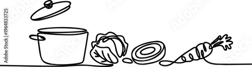 Simple line drawing of pot with lid and vegetables on counter  kitchen utensils and food items