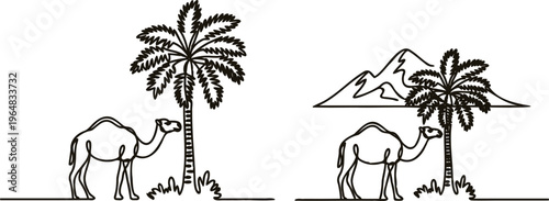 Two camels standing under palm trees with mountain range in background in simple line art style  desert landscape illustration