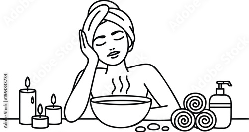 Woman relaxing at spa with candles towels and face steam treatment  serene ambiance for wellness and selfcare