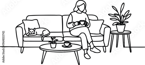 Woman sitting on sofa with cat and coffee cups at home interior scene in minimalist line art style  leisure relaxation