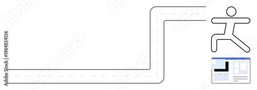 Problem-solving, adaptability, navigation, determination, strategy, planning. Abstract stick figure leaping over a digital path. Overcoming obstacles and adaptability concept