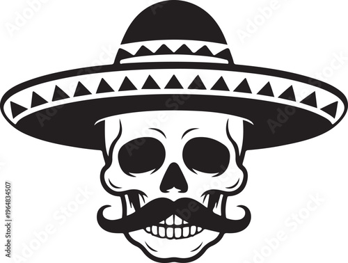 Mexican sugar skull character wearing a traditional sombrero and a classic handlebar mustache