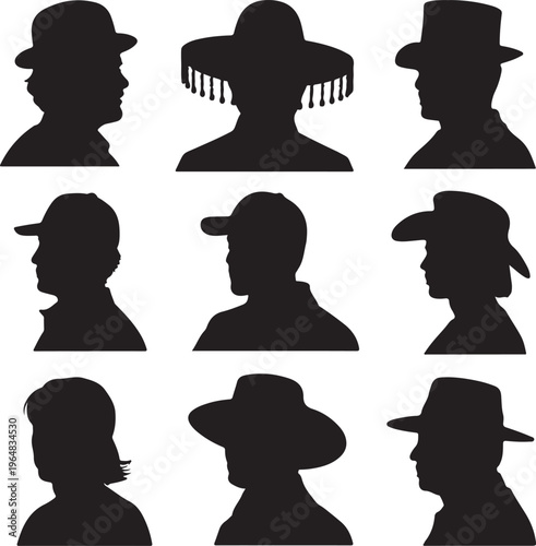 Nine distinct black profile silhouettes of people featuring different traditional and modern hats