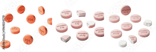 Apixaban tablets direct oral anticoagulant DOAC factor Xa inhibitor blood thinner isolated on white background oral tablets pharma drug for clot prevention atrial fibrillation therapy