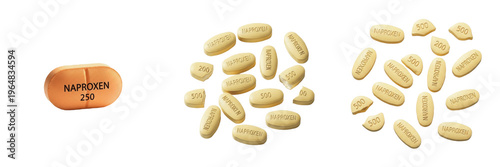 Naproxen tablets NSAID anti inflammatory analgesic medication isolated on white background oral tablets pharma drug for pain relief arthritis muscle pain and inflammation therapy