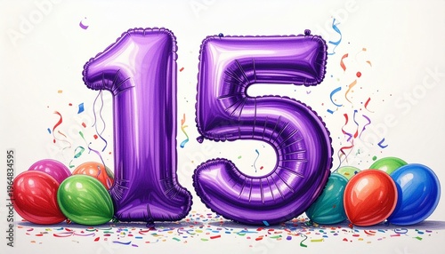 A vibrant illustration of purple number 15 foil balloons surrounded by colorful party decorations. Ideal for birthday or anniversary party concept.
