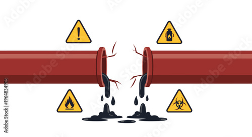 Broken Pipe with Oil Leaking Out. Vector Illustrations. EPS Editable