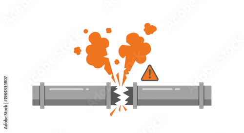 Broken Pipe with Orange Explosion Warning. Vector Illustrations. EPS Editable