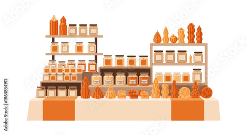 Bottles and Jars on Shelves Display. Vector Illustrations. EPS Editable