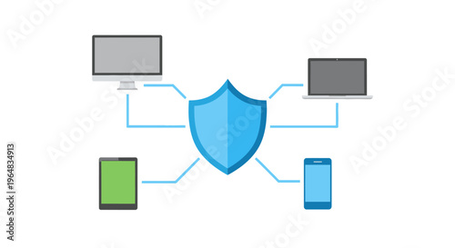 Blue shield protecting digital devices. Vector Illustrations. EPS Editable