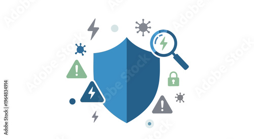 Blue shield with protection symbols around. Vector Illustrations. EPS Editable