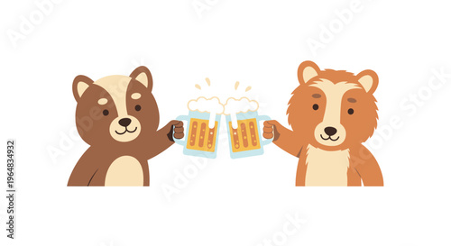 Brown bears toasting with beer glasses. Vector Illustrations. EPS Editable