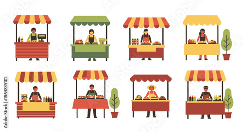 Collection of vibrant street food stalls with vendors selling various goods. Vector Illustrations. EPS Editable