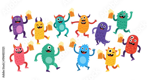 Colorful cartoon monsters with drinks dancing. Vector Illustrations. EPS Editable