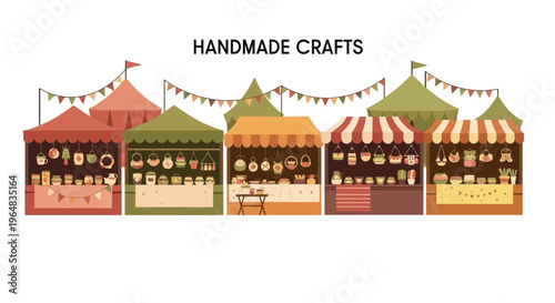 Colorful handmade craft market stalls. Vector Illustrations. EPS Editable