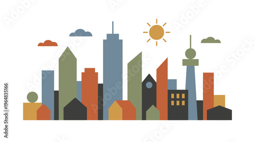 Colorful Minimalist Cityscape Illustration with Sun and Clouds. Vector Illustrations. EPS Editable