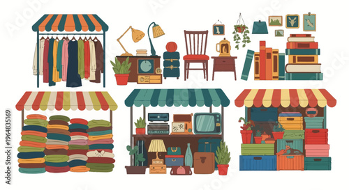 Colorful market stalls with goods. Vector Illustrations. EPS Editable