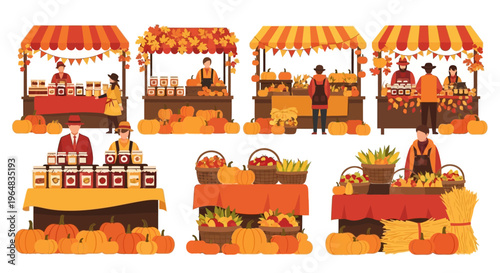 Colorful outdoor food market stalls selling. Vector Illustrations. EPS Editable