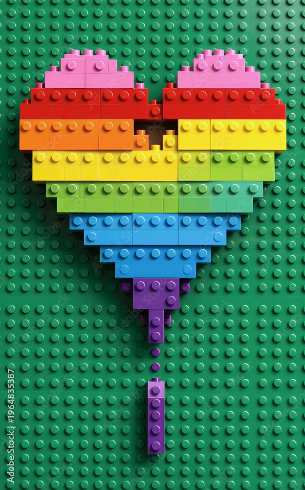 Fototapeta premium Rainbow heart on green baseplate colorful and playful.