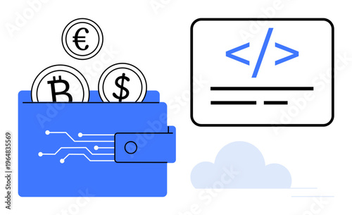 Cryptocurrency, blockchain, cloud storage, digital payments, coding, online platforms. Blue wallet with coins marked with Bitcoin, Euro Dollar symbols. Cryptocurrency and blockchain technology
