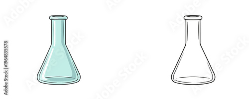 Flat colored and black line art cartoon illustrations of a clear glass conical flask representing laboratory glassware or scientific research equipment isolated on white background