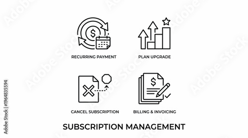 Comprehensive set of linear icons for managing customer subscriptions, covering recurring payments, plan upgrades, cancellations, and billing processes
