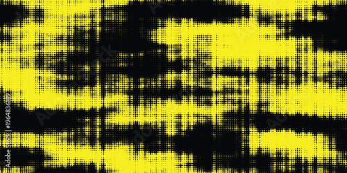 Bright yellow background with black noise artifacts and halftone dots, grunge glitch composition, modern graphic style
