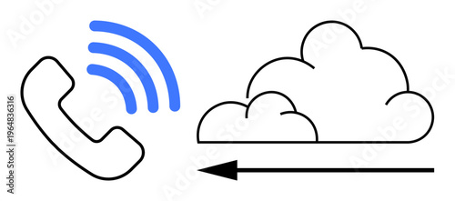 Cloud communication. Cloud communication concept phone icon, cloud symbol, and arrow for data direction. Cloud communication for telephony, VoIP, networking, data storage, and connectivity