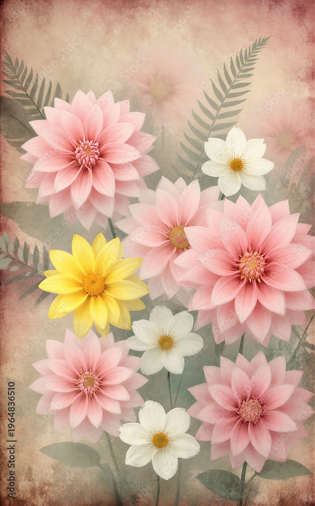 Fototapeta premium Soft pink and white daisies with a vibrant yellow center bloom