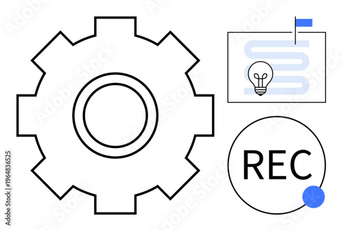Process management concept. Gear symbol, workflow diagram, lightbulb for ideas, and REC button for functionality process management. Ideal for operations, planning, productivity, and technology