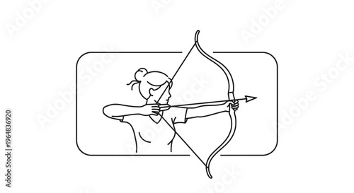 Archer woman aiming bow and arrow, focus, precision, sport, hobby, line art illustration