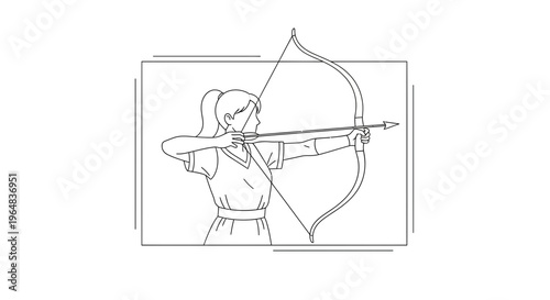 Archer Woman Drawing Bow and Arrow, Focused Concentration, Sports Activity, Outline Drawing