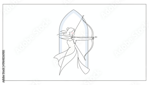 Archer Woman Drawing Bow, Fantasy Warrior, Elegant Silhouette, Dynamic Action Pose