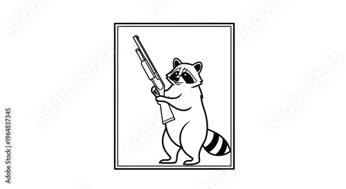 Funny Raccoon Holding Shotgun, Cartoon Style, Wildlife Bandit Character