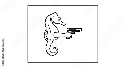 Funny Seahorse Holding a Pistol, Cartoon Style, Marine Life with Weapon