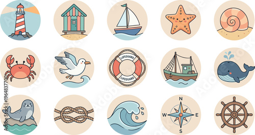 Cute nautical and beach themed icon set including lighthouse beach hut sailboat starfish seashell crab seagull lifebuoy fishing boat whale seal rope knot ocean wave compass and ship wheel flat vector 
