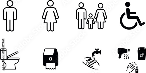 Public restroom and hygiene facility icons including male female family sign wheelchair accessibility toilet paper dispenser hand washing faucet hand dryer and trash bin silhouette vector transparent
