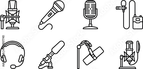 Microphone and audio recording equipment icon set including studio condenser microphone handhold microphone vintage broadcast mic headset microphone and podcast recording microphones line vector
