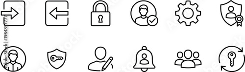 User account and security icon set including login logout lock user profile verification shield settings gear notification bell team users and access control line vector illustration transparent