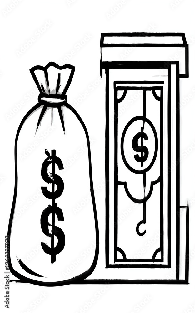 Fototapeta premium Money bag and banknote in a frame symbolizing wealth storage.