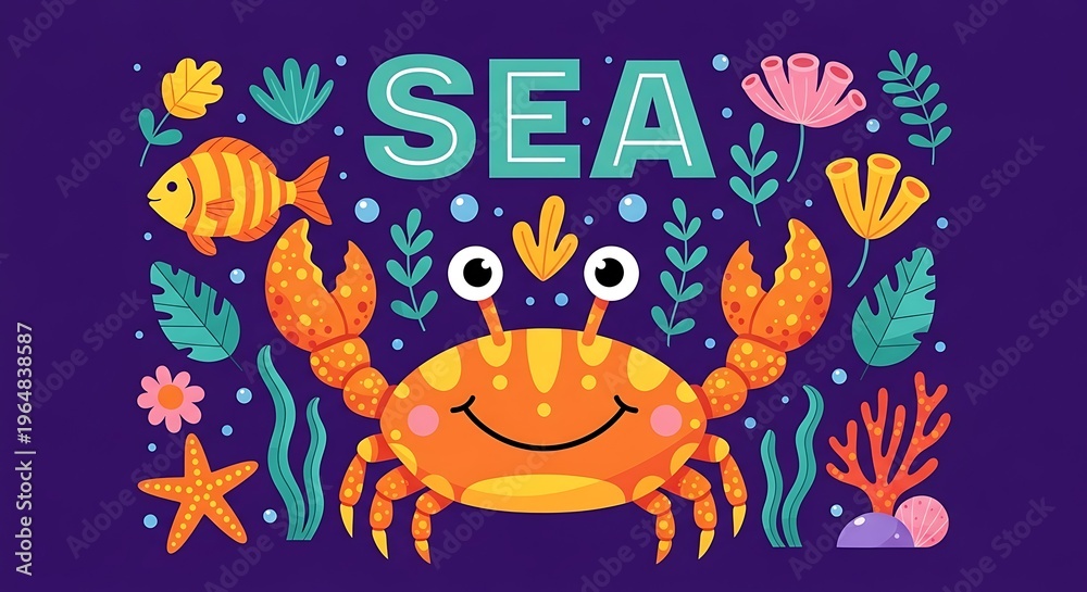 Obraz premium Colorful cartoon crab underwater scene illustration.