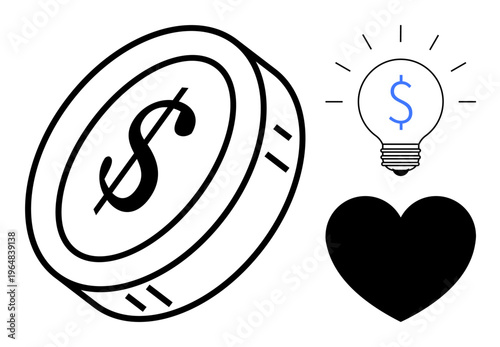 Finance, creativity, innovation, love, investment, monetary value. Image shows a coin with a dollar sign, light bulb and heart. Finance and creativity concepts