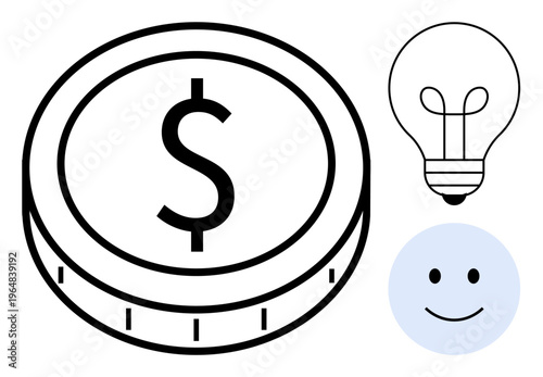 Finance concept. Dollar coin money, light bulb highlighting innovation, and happy face suggesting satisfaction. Finance strategy, creativity, positive outcomes. For financial apps, startups