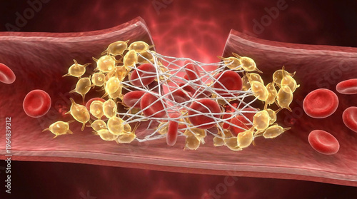 A red and yellow blood vessel with a lot of red blood cells